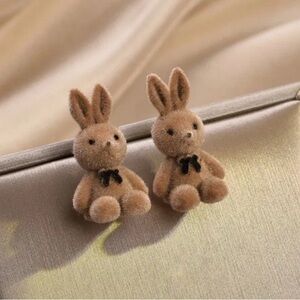 Plush Velveteen Fuzzy Brown Rabbit Easter Stud Earrings Korean Style Flocked
